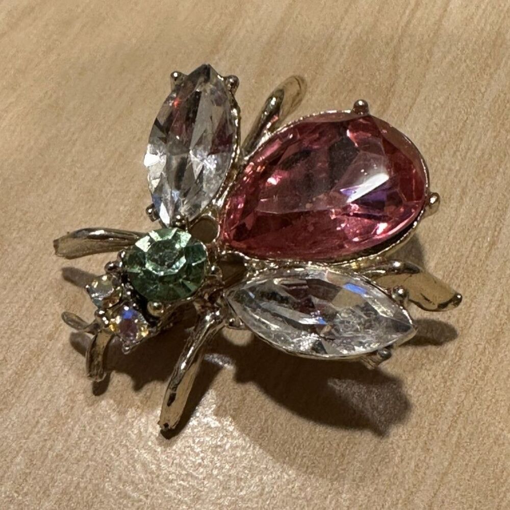 Vintage Gold Tone Bee Brooch Pin Rhinestone Pink Green Insect